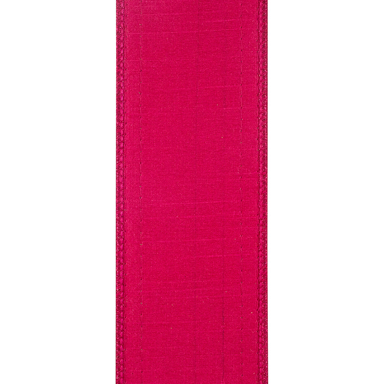 Fuchsia pink dupioni wired edge ribbon with subtle sequin trimming and striped edges.