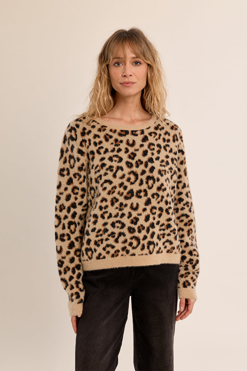 Cathy Ladies Knitted Sweater with a leopard print, round neckline, and long sleeves.