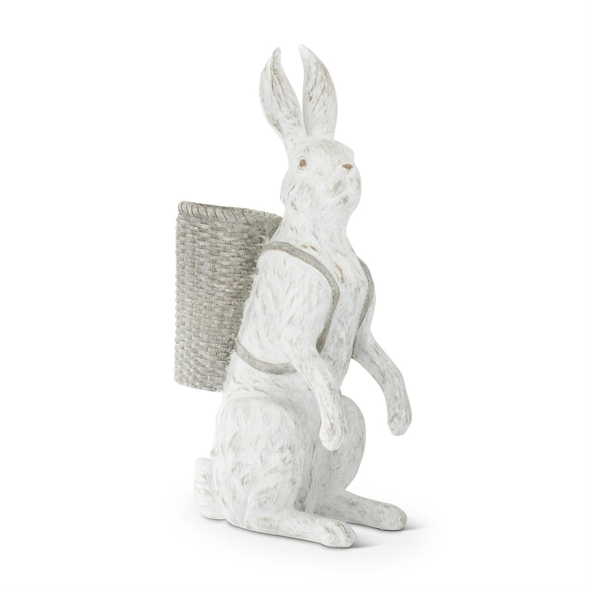 35-inch whitewashed resin bunny figurine with an open woven basket base
