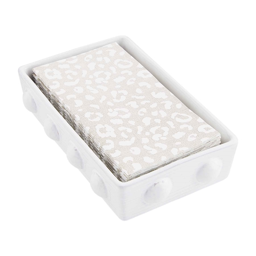 Terracotta leopard print guest towel caddy set with decorative animal pattern.
