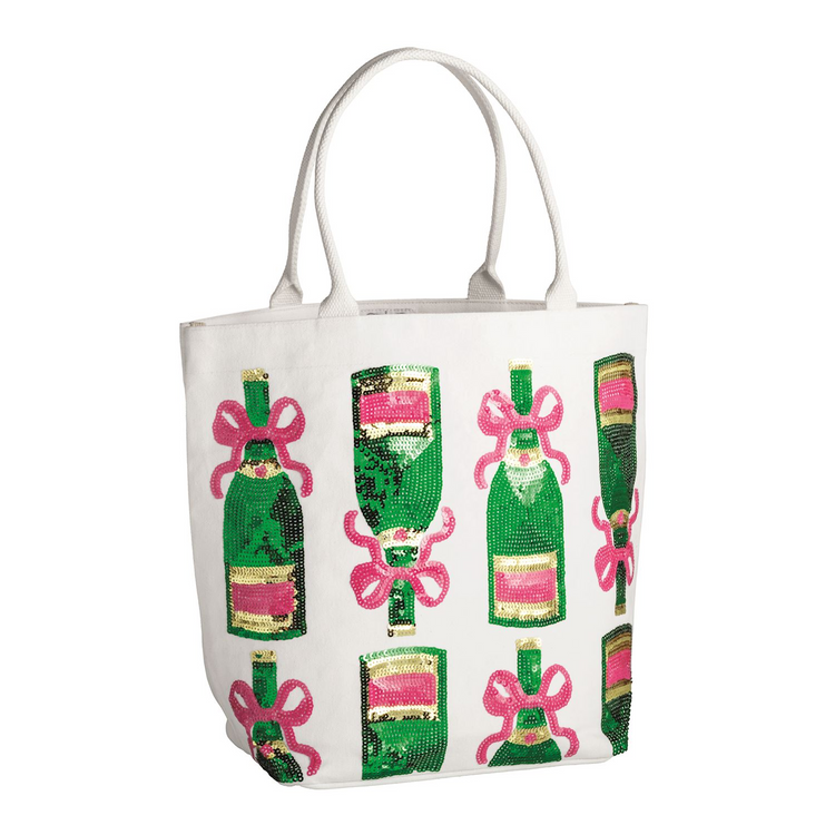 White cotton canvas tote bag featuring green and pink sequined champagne bottle designs.