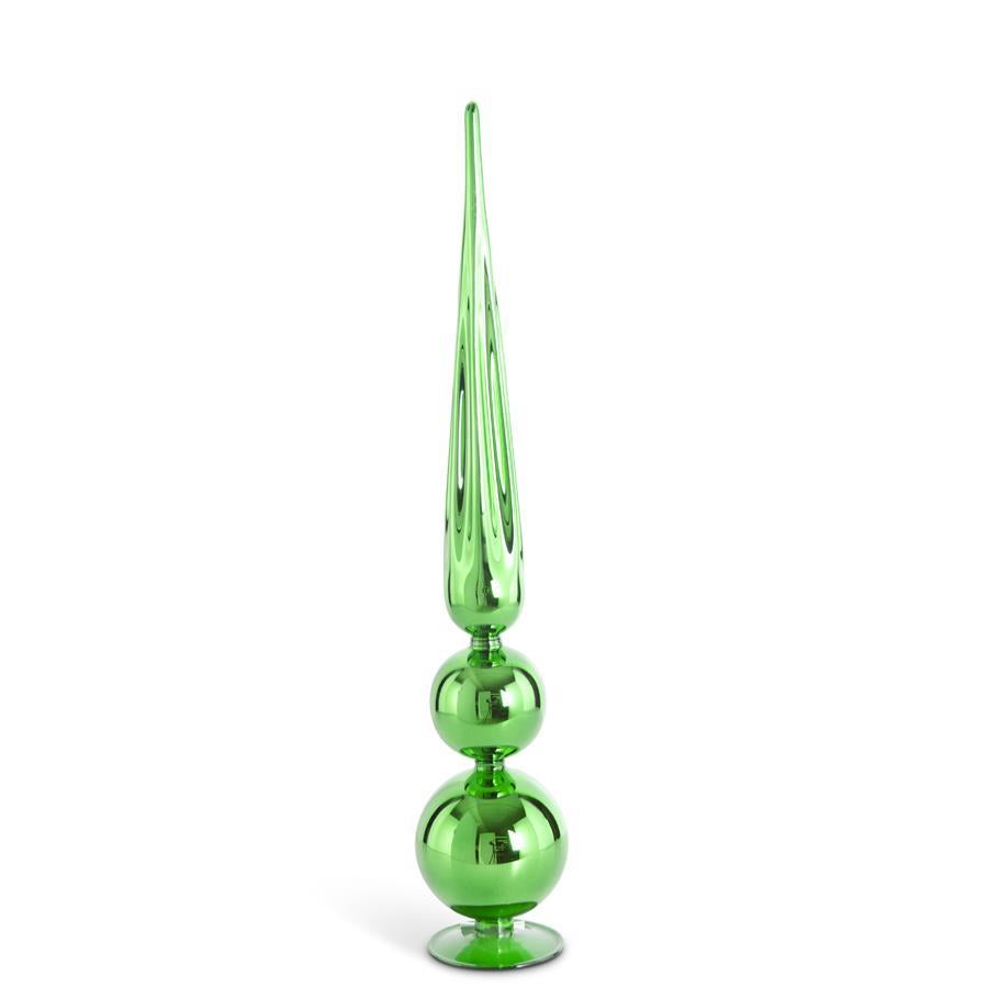 Twenty-five inch green glass double ball finial with a round silhouette.