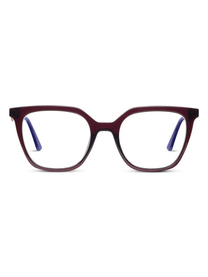 Josephine eyeglasses with polycarbonate frame in clear finish featuring blue light focus lenses and spring hinges.