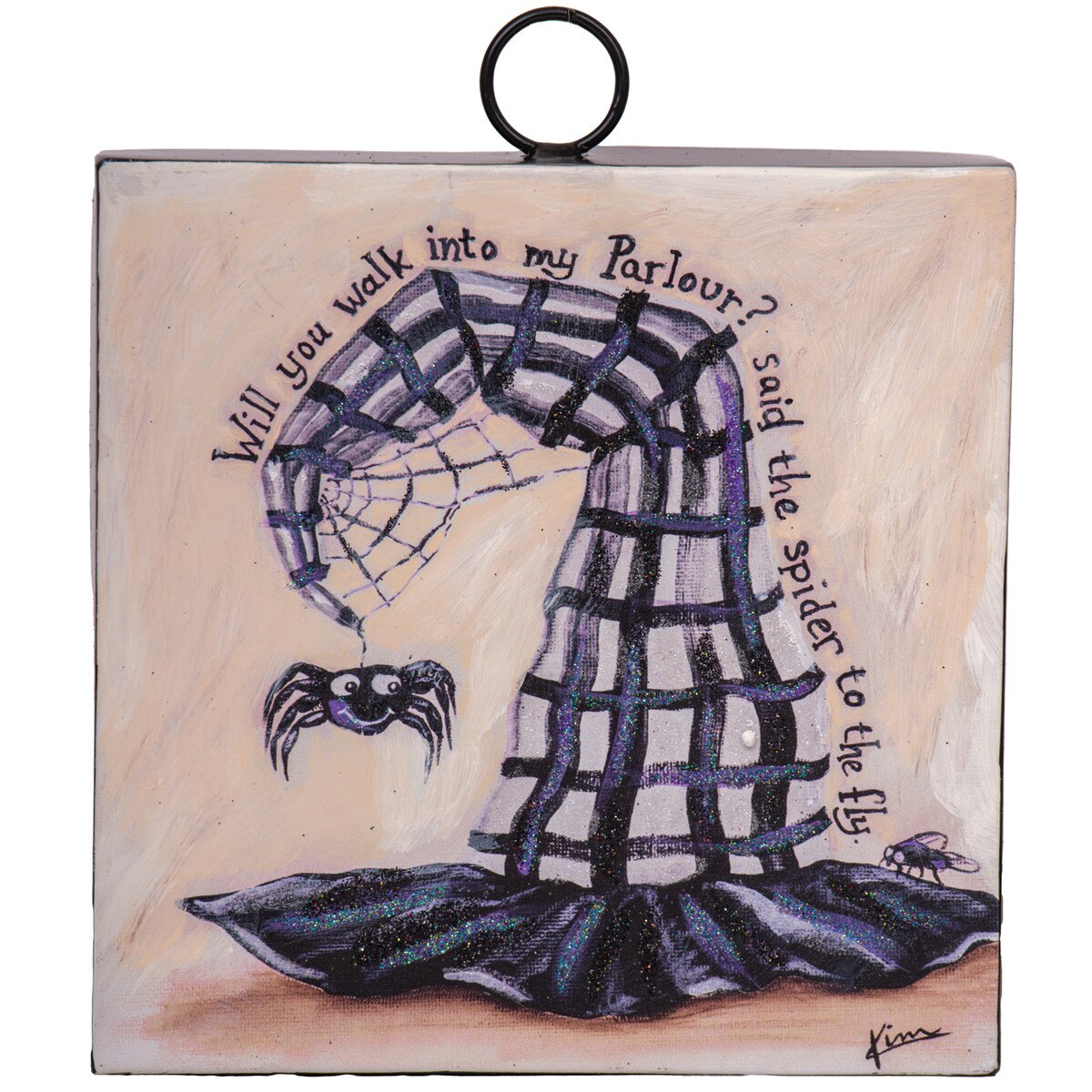 Mini Witches Hat Print featuring a spider, fly, and the quote 'Will you walk into my Parlour?'.