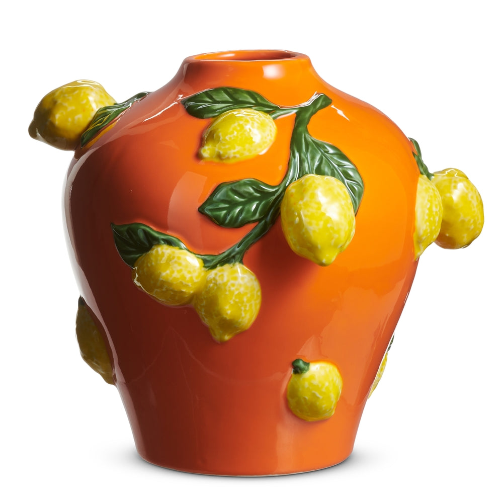9.5-inch orange ceramic vase with lemon motif