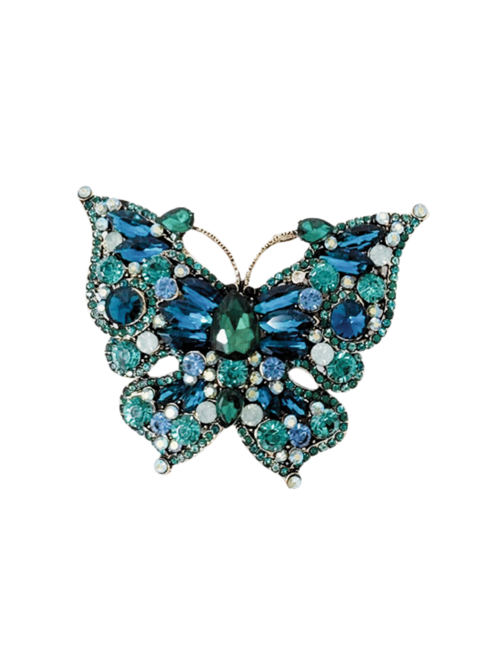 Crystal butterfly brooch featuring blue, teal, and green gemstones on a silver-tone setting.