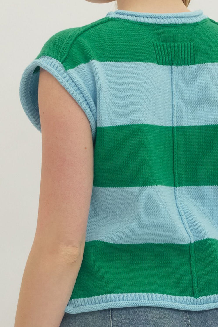 Back view of a green and light blue striped knit cap sleeve top with a ribbed crew neckline.