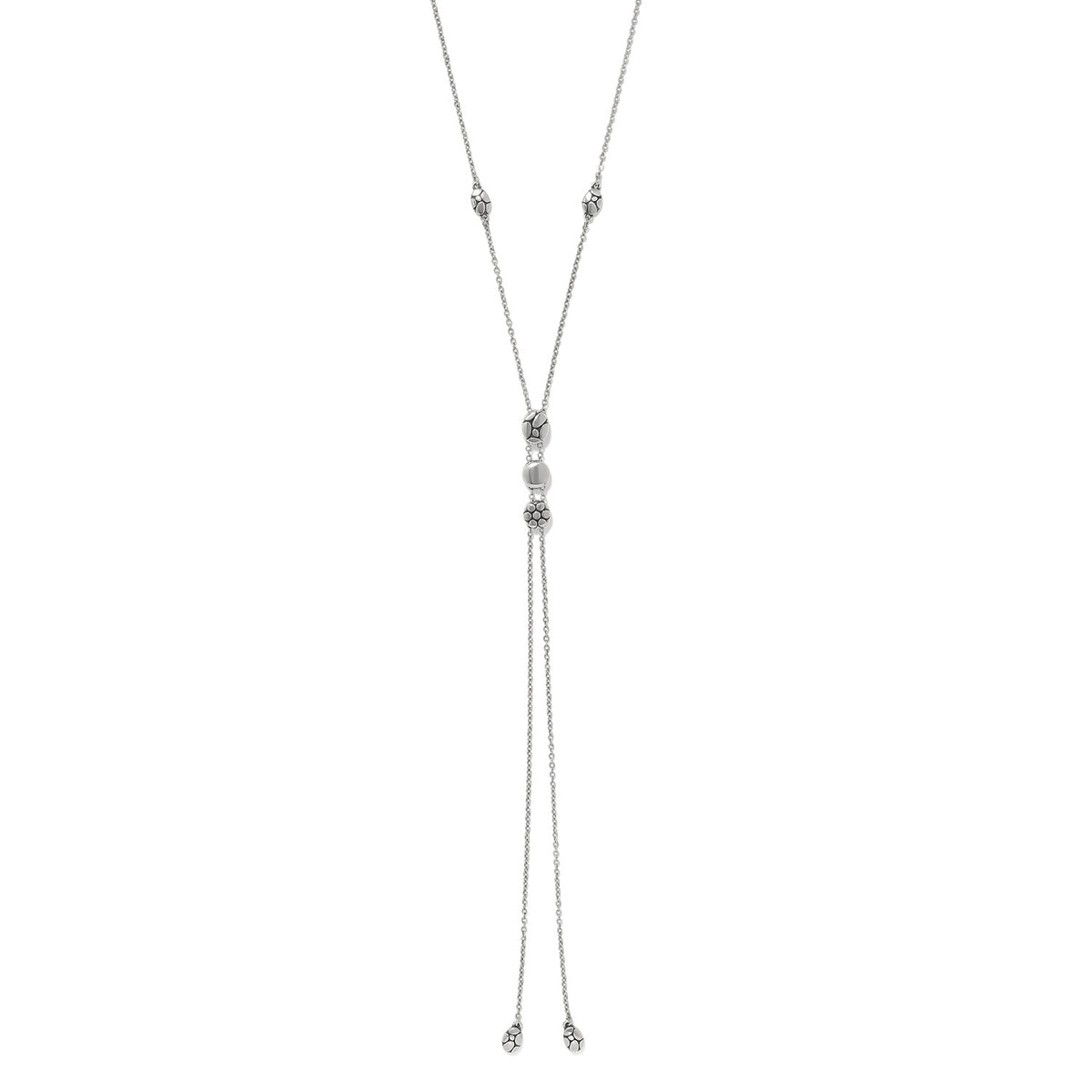 Silver Pebble Bolo Slide Necklace with adjustable chain and textured pebble-shaped accents.