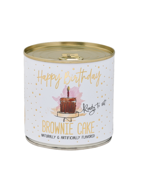 Happy Birthday Brownie Cake in a white and gold can with a cake illustration.
