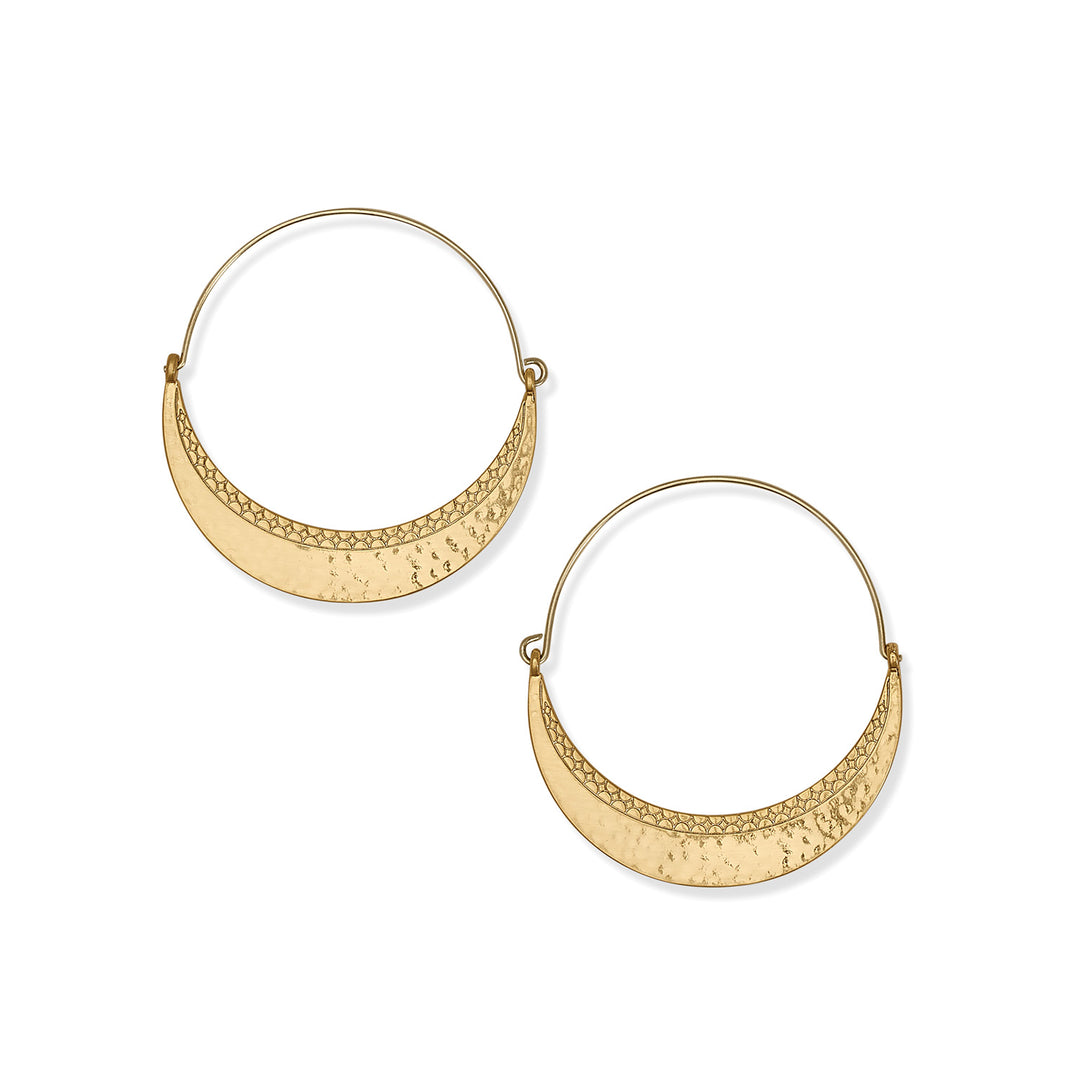 Gold plated Palm Canyon large hoop earrings with a hammered crescent moon design.