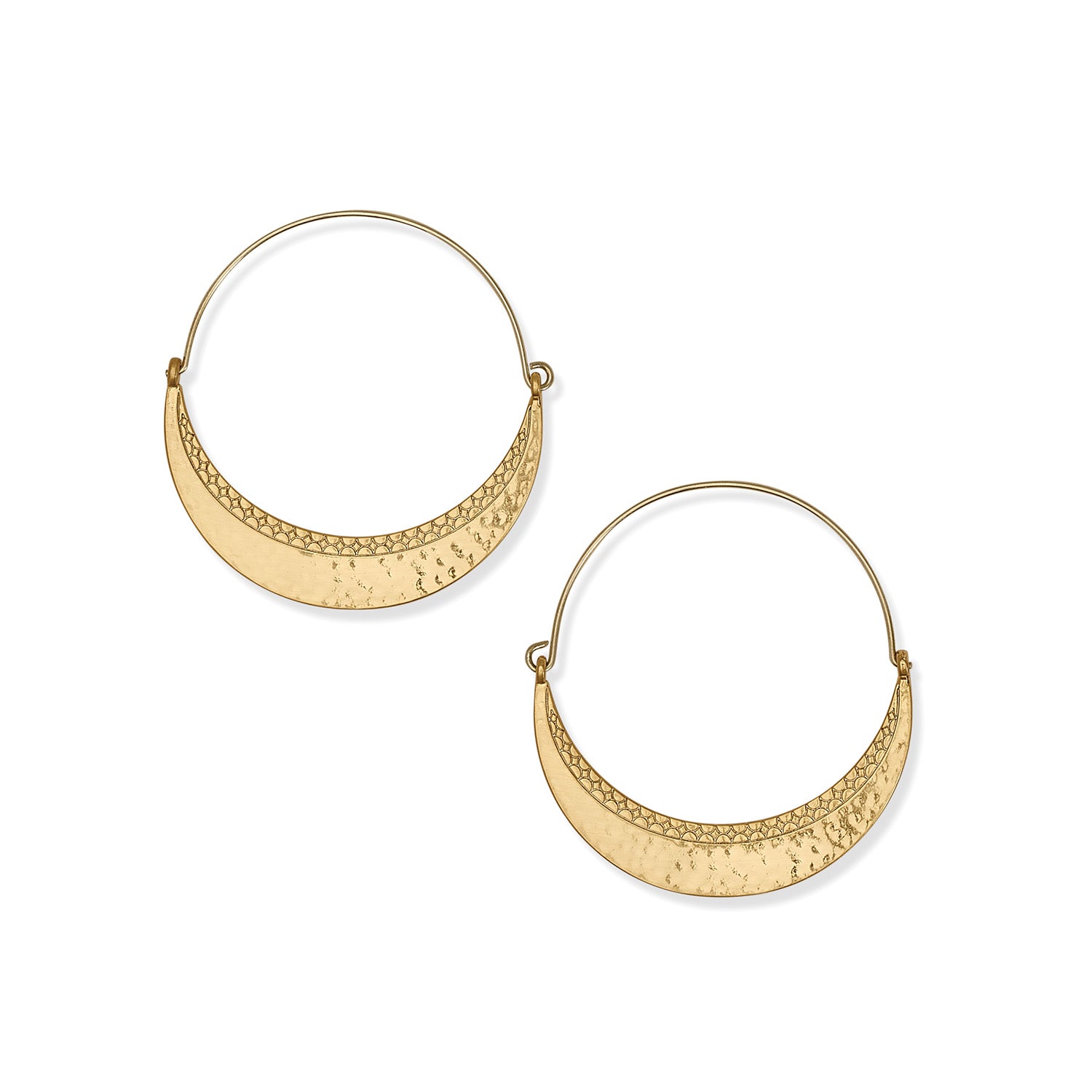 Gold plated Palm Canyon large hoop earrings with a hammered crescent moon design.