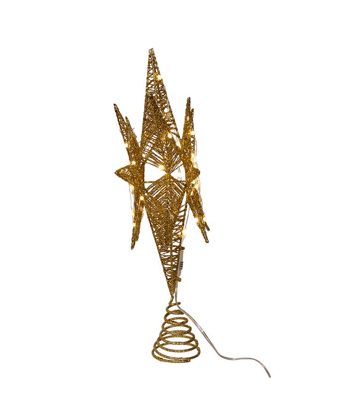 Pre-lit gold starburst treetop decoration with warm white micro LED lights on an iron and plastic frame.