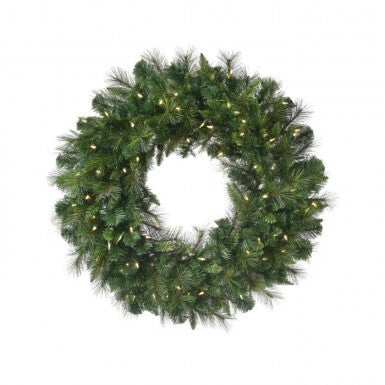 36-inch Lit Deluxe Belgium Wreath with green pine needles and warm white lights.