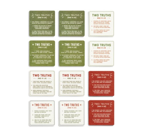 Set of four square paper coasters with a Christmas theme featuring the text 'Two truths and a lie' in festive typography.