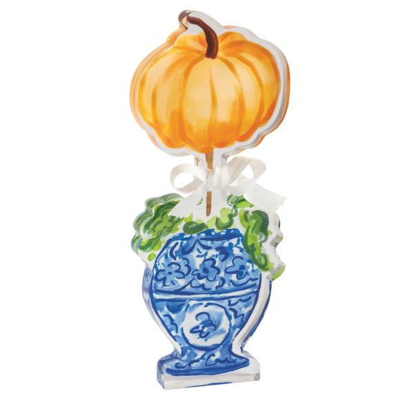 Topiary Jar and Pumpkin Acrylic Sitter featuring an orange pumpkin atop a blue and white ginger jar.