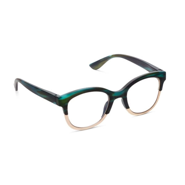 Georgia eyeglasses with square frames in earthy tortoise shell pattern featuring metallic detailing and peepers blue light lenses.