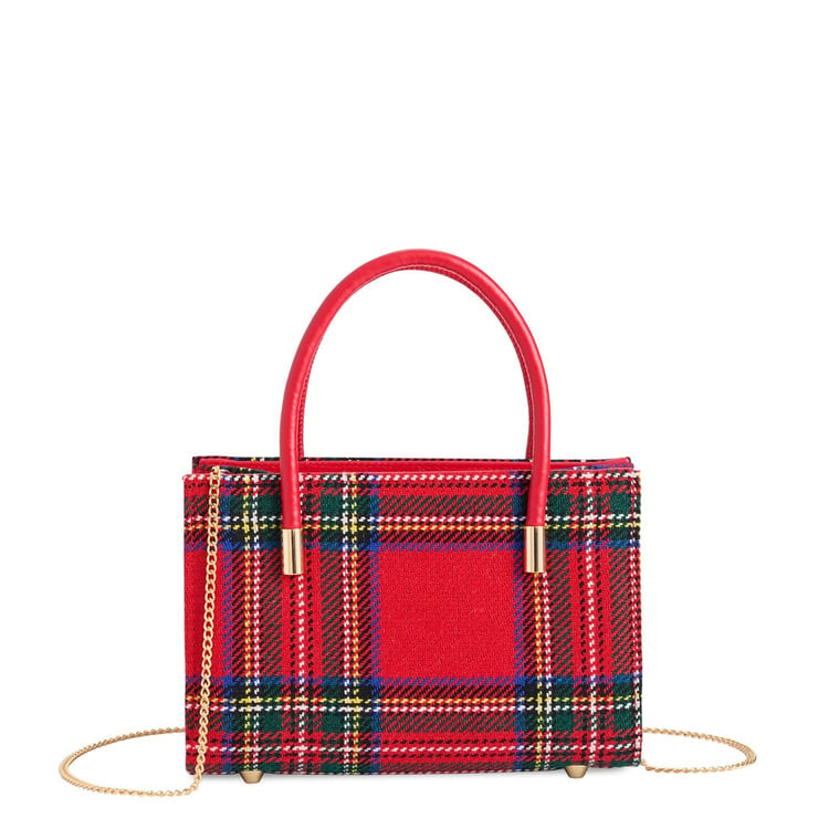 Charlotte red tartan plaid top handle bag with a gold chain strap and red leather handle.