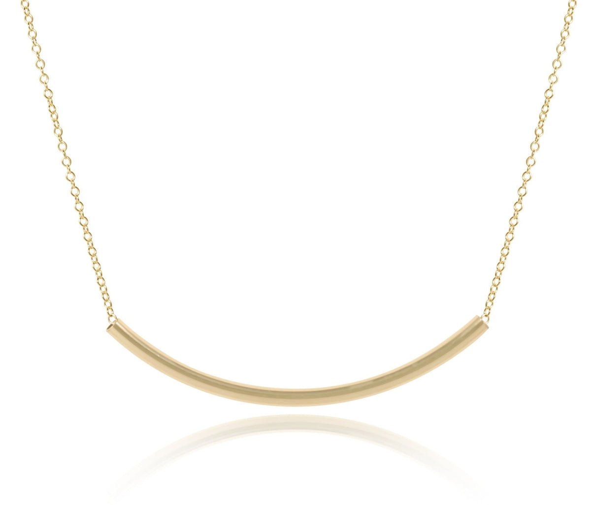 14kt gold-filled 16-inch chain necklace featuring a curved horizontal bliss bar pendant.