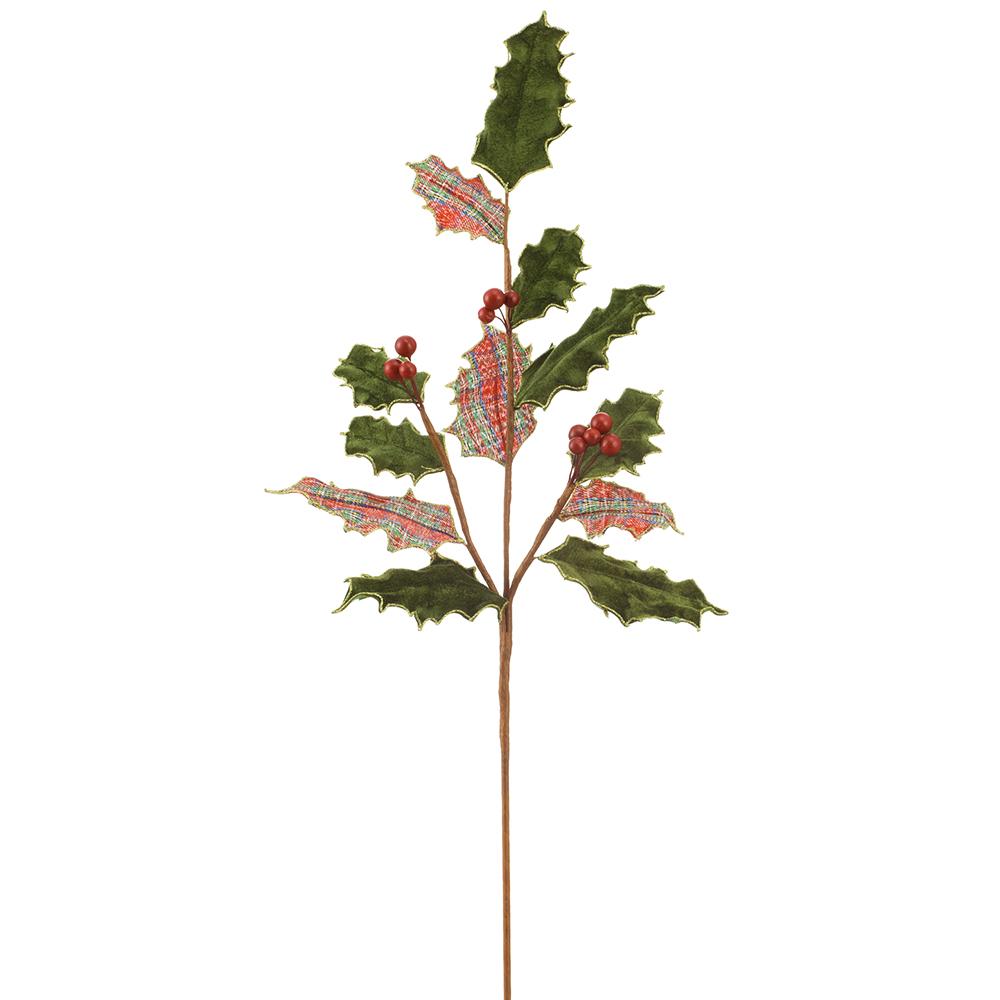 29-inch holly leaf spray with green velvet and plaid leaves, accented with red berries.