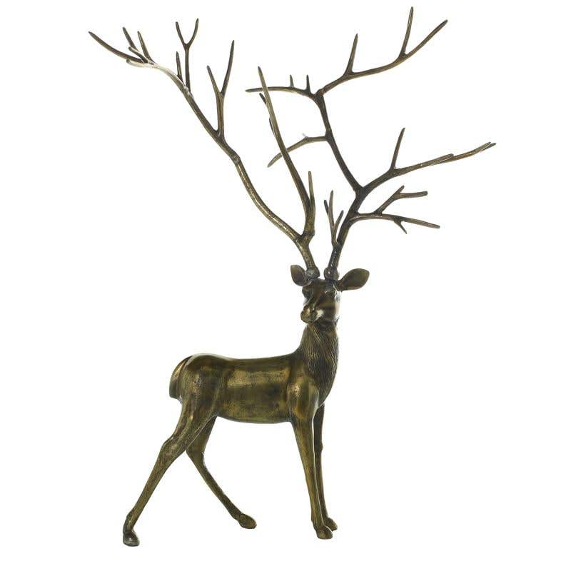 Standing metal stag statue with a natural brown finish on a rectangular base.