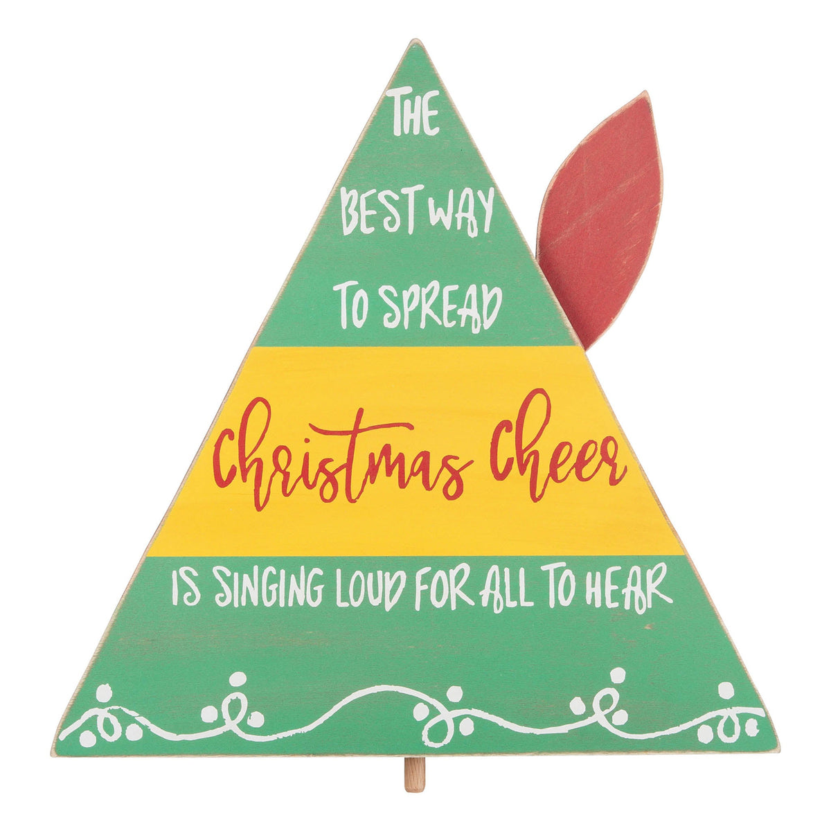 Wooden elf hat Christmas tree topper with the quote 'The best way to spread Christmas cheer...'