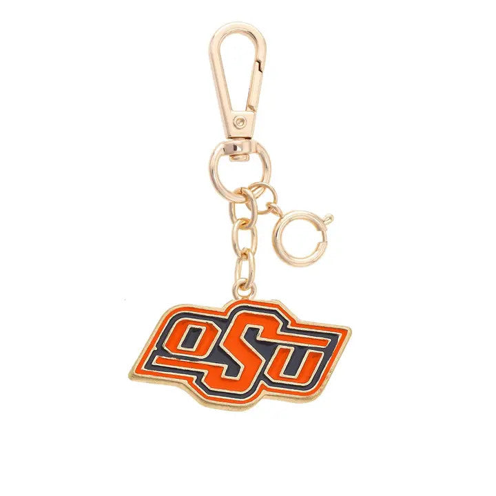 Oklahoma State Cowboys enamel logo bag charm with gold-tone hardware and lobster clasp.
