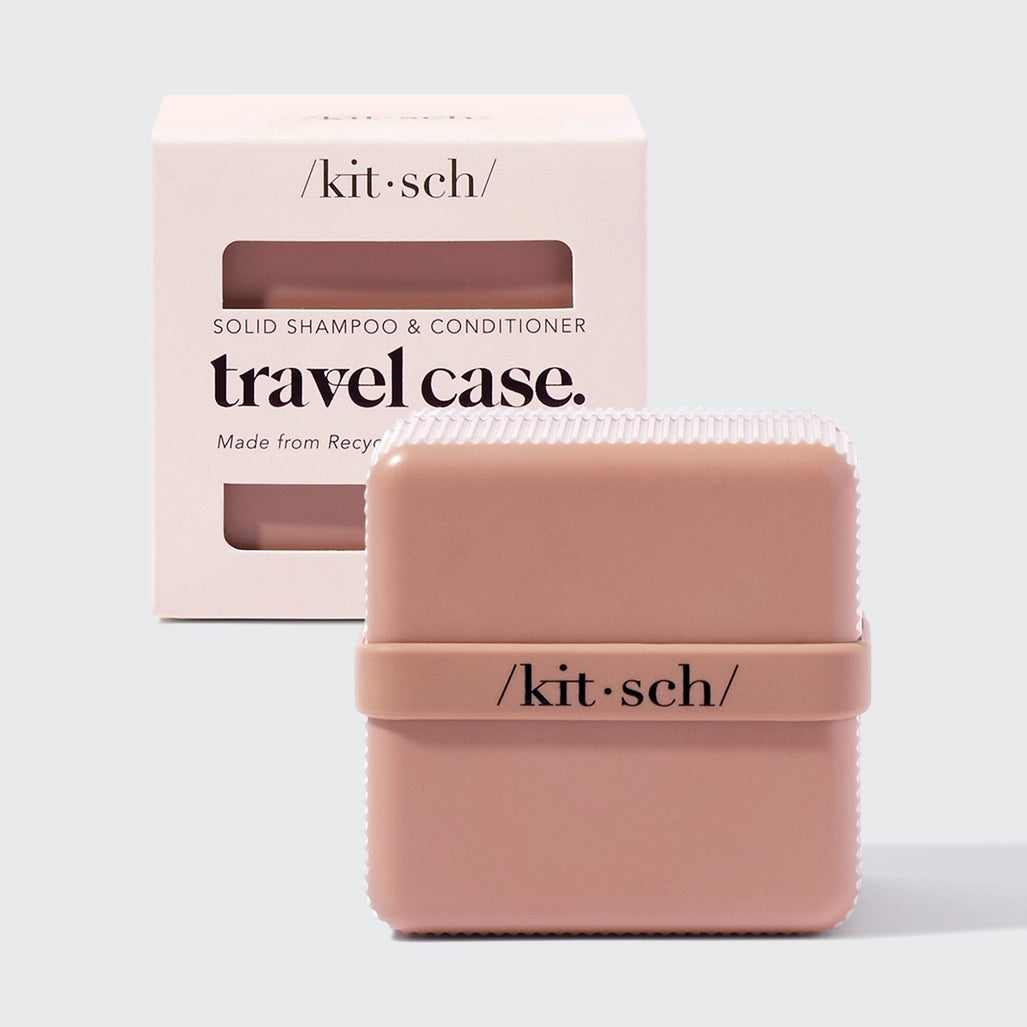 Kitsch Bottle-Free Beauty Travel Case in dusty rose with matching silicone band and packaging.