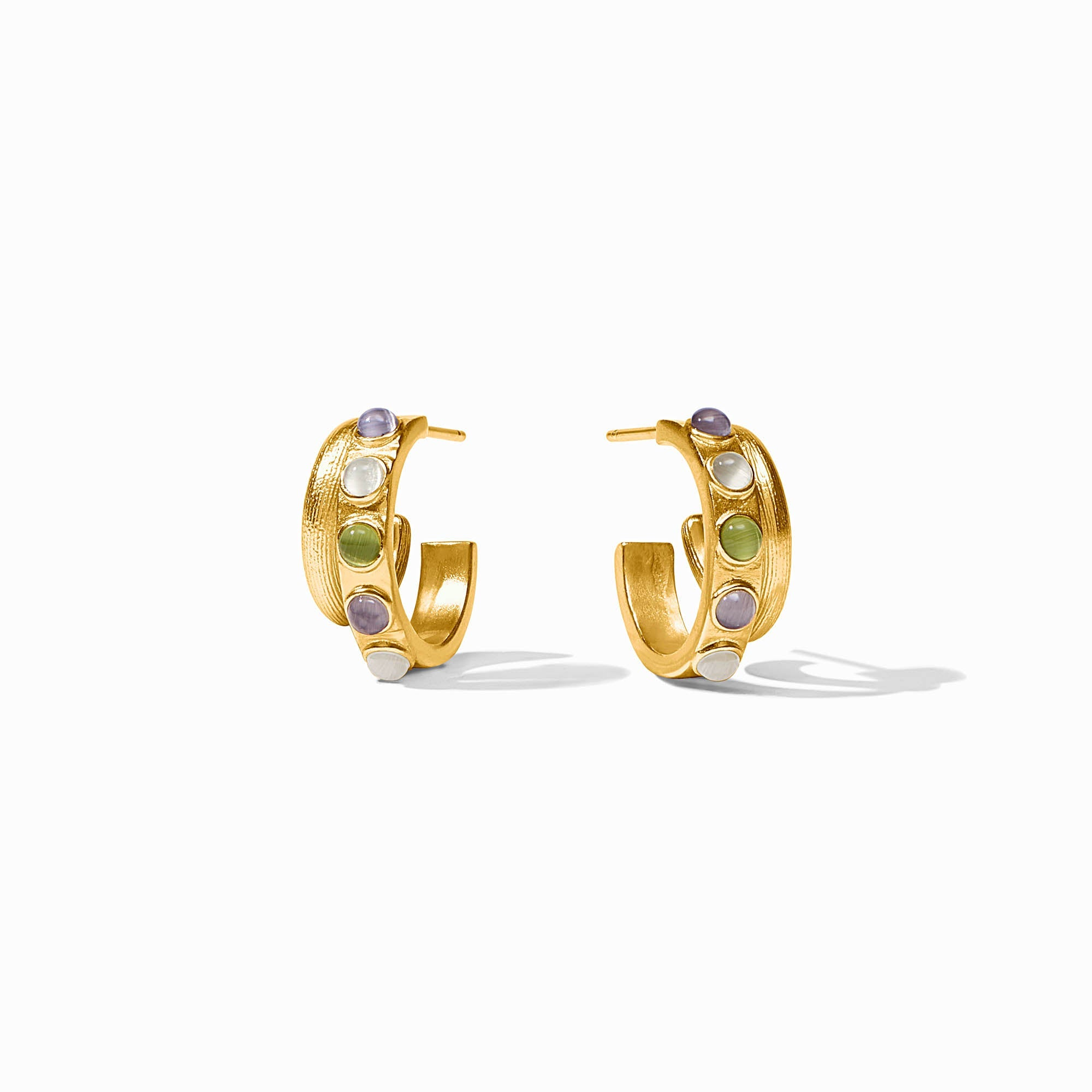 Gold Cobblestone Double Hoop earrings with inlaid purple, white, and green round gemstones.