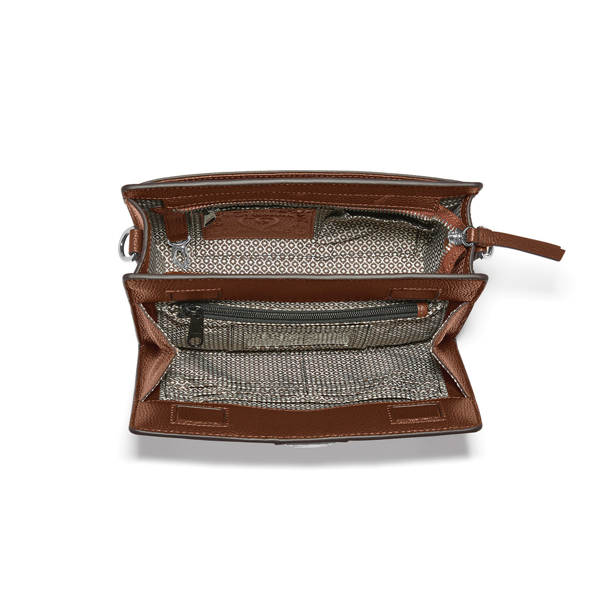 Open interior of a brown pebbled leather organizer bag showing multiple pockets and patterned lining