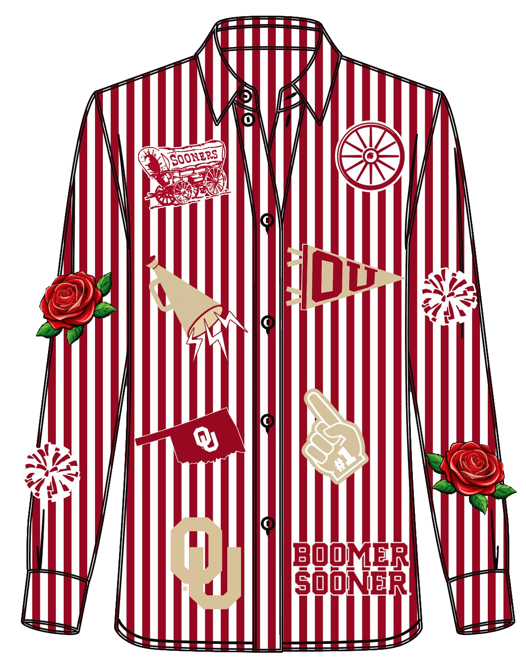 Emily Licensed Oklahoma striped button-down shirt with subtle OU logos in blue and white