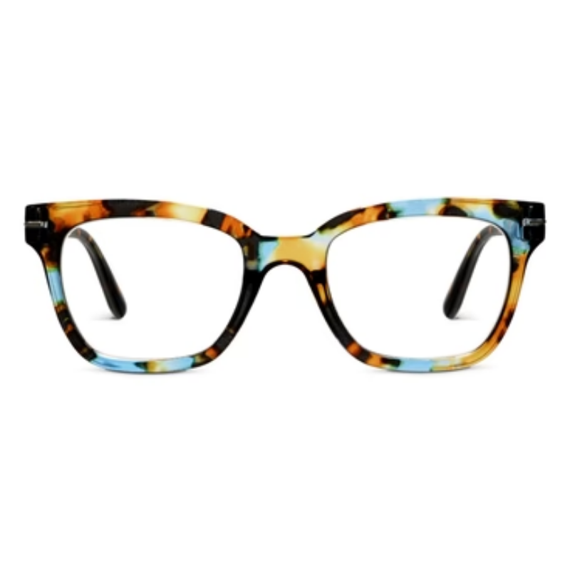 Buzzworthy Progressives square glasses with a multi-colored blue and amber tortoiseshell frame.