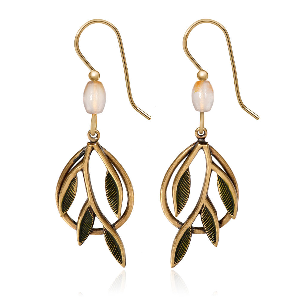Branch in Teardrop Green and Gold Earrings with white beads and brass leaf details.
