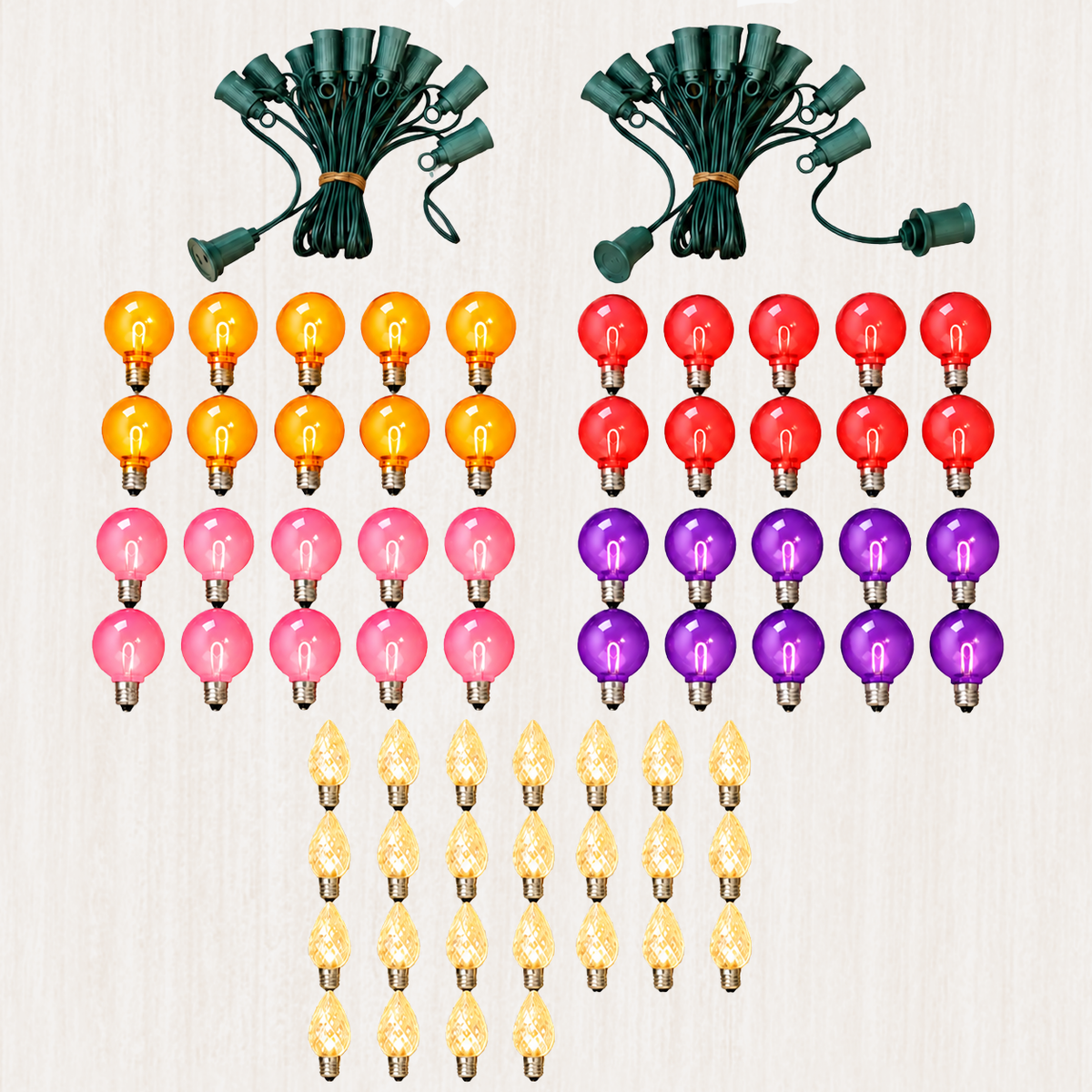 Christmas light bundle with 2 green socket strings and 65 LED bulbs in 5 assorted colors.