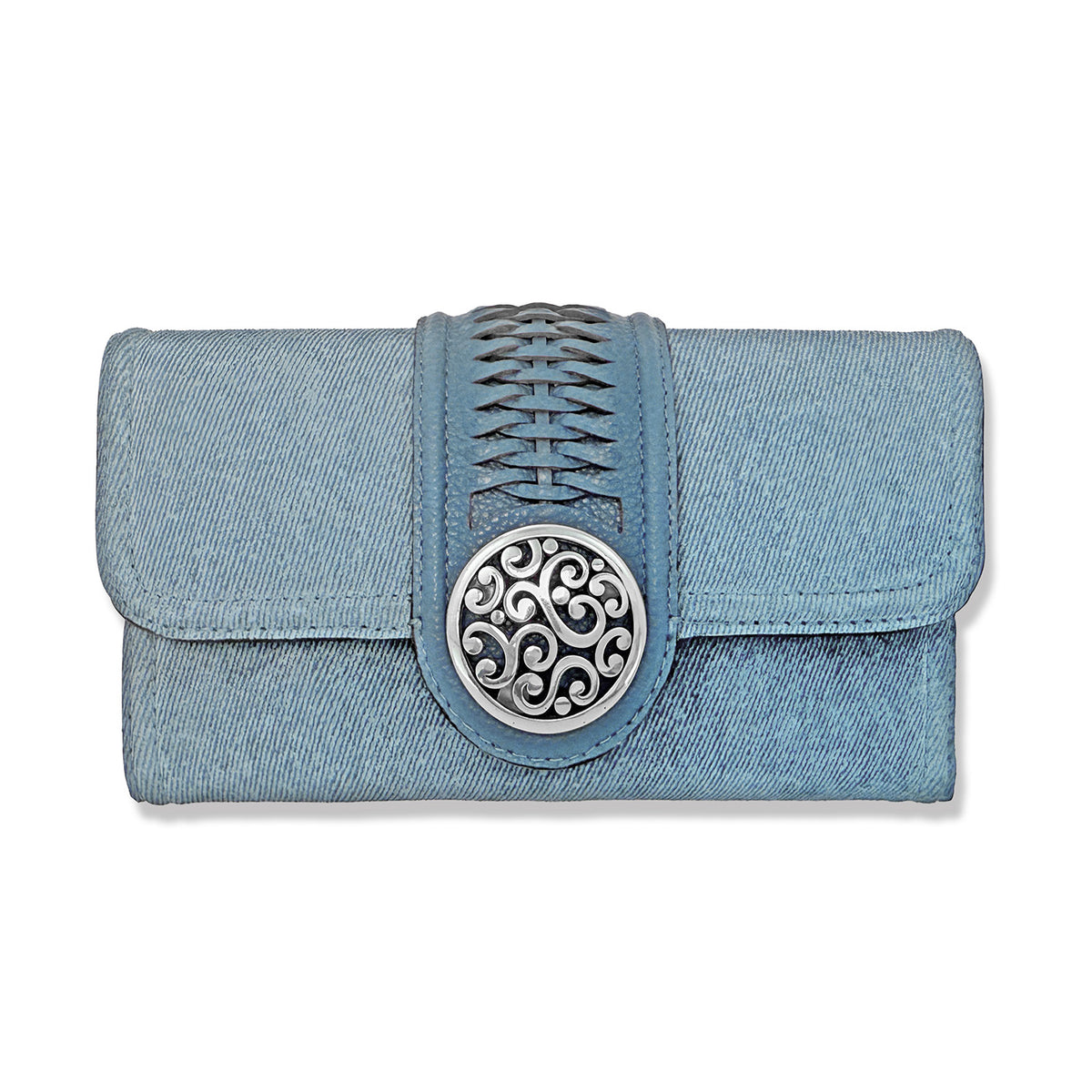 Denim suede large wallet with flap closure featuring one exterior pocket.