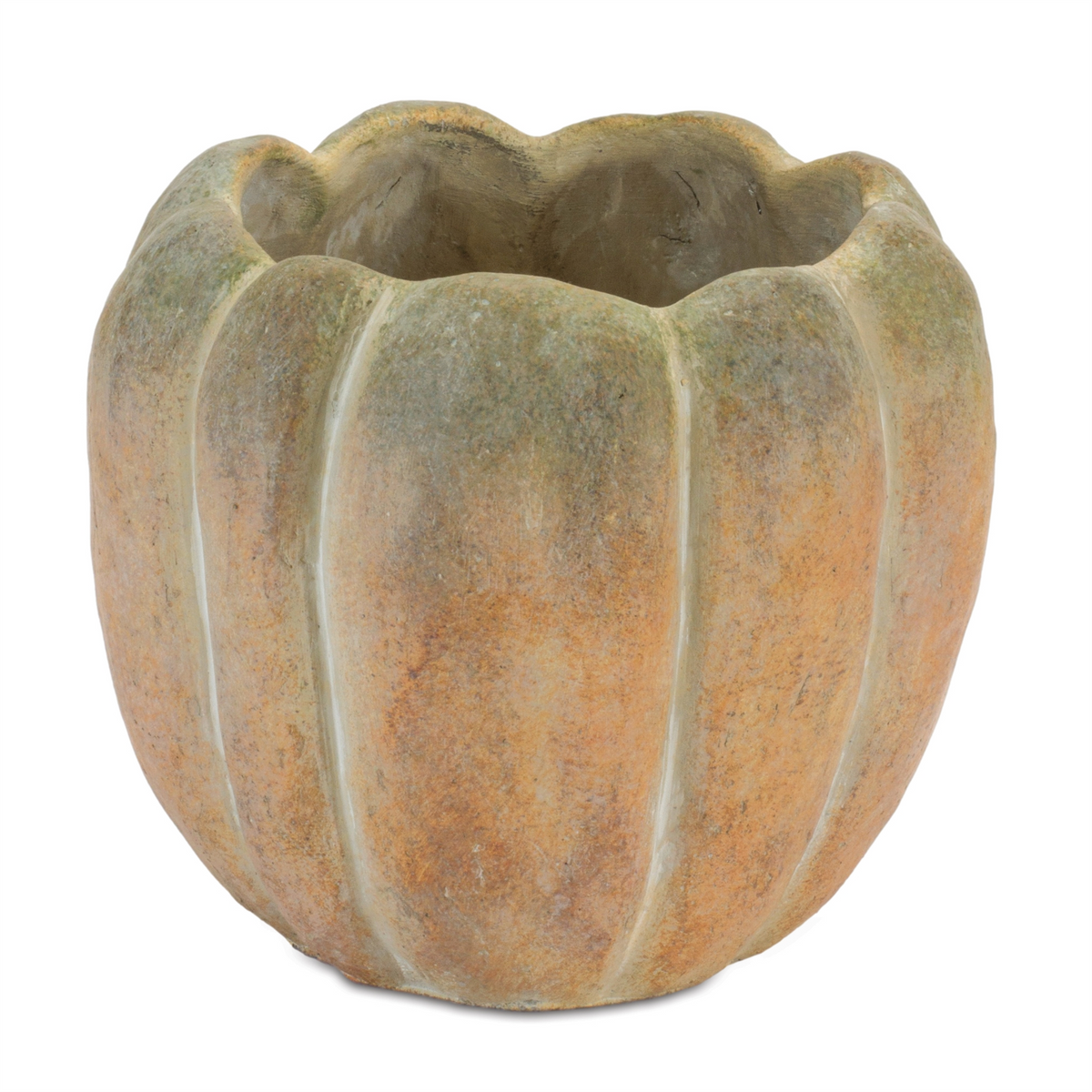 Pumpkin-shaped cement container with a weathered orange and green finish.