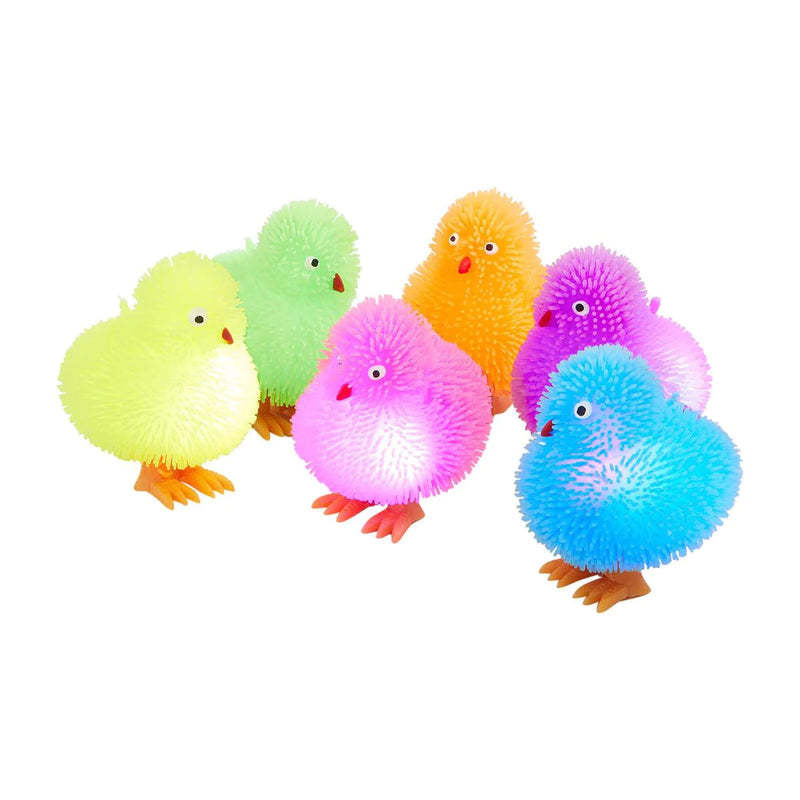 Small plastic toy chick with a light-up fringe on its tail.