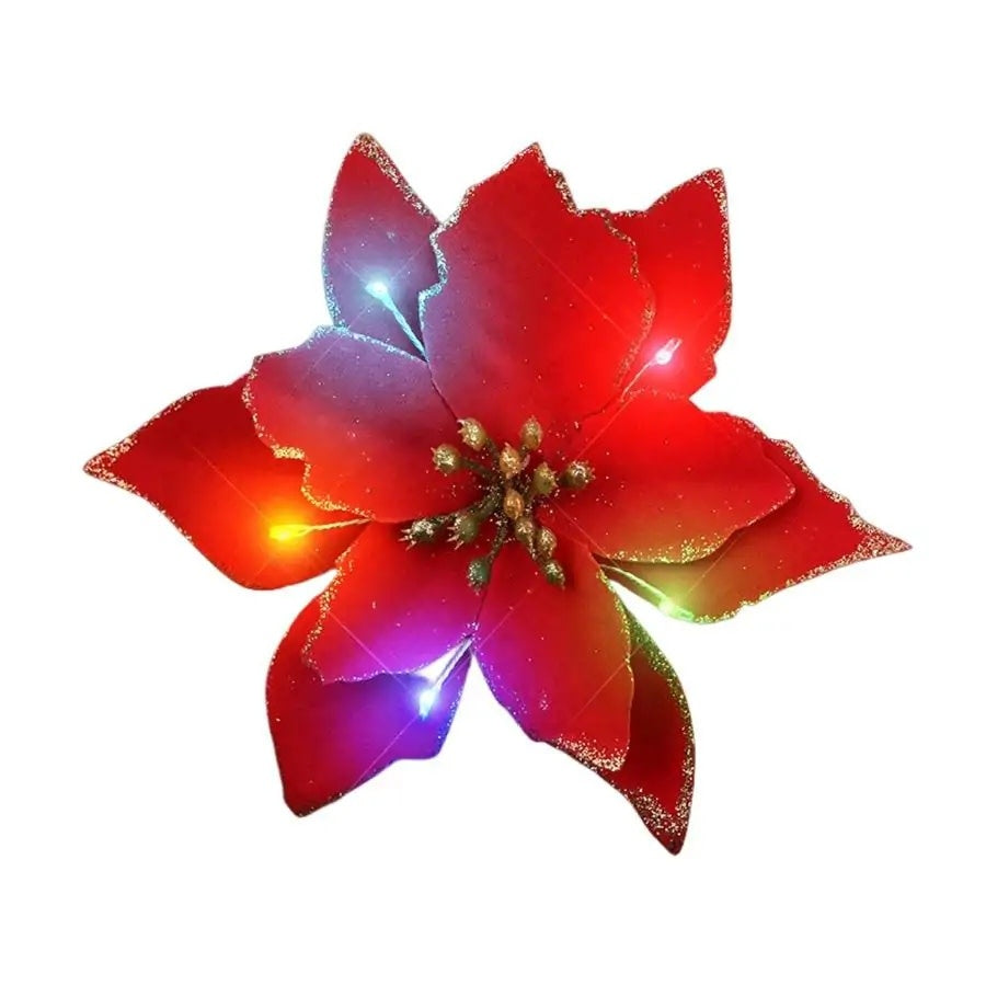 Red poinsettia hair clip with gold glitter outline and LED lights