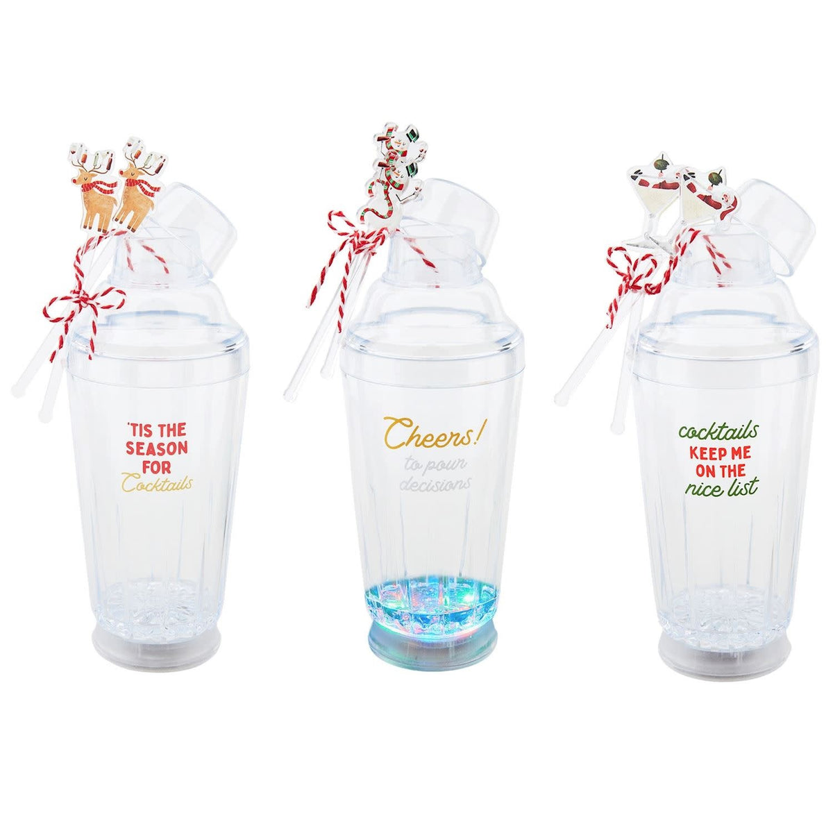 LED light-up plastic cocktail shaker with character-topped acrylic stirrer