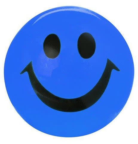 Blue plastic hi-bounce ball with a smiling face featuring flashing multicolored lights.
