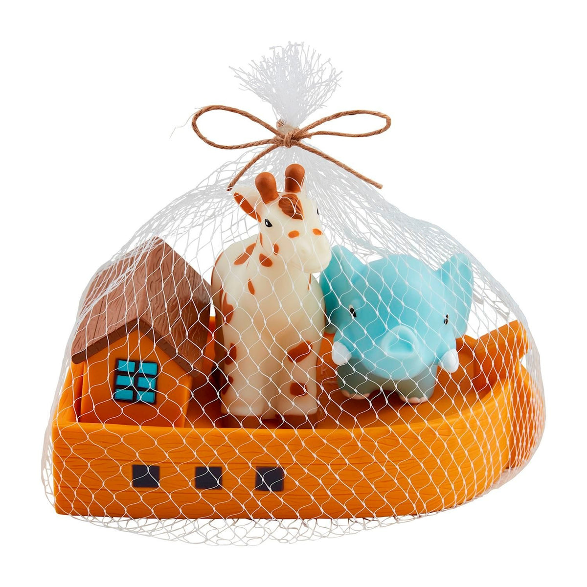 Three rubber Noah's Ark bath toys with water-activated lights in blue, green, and red.