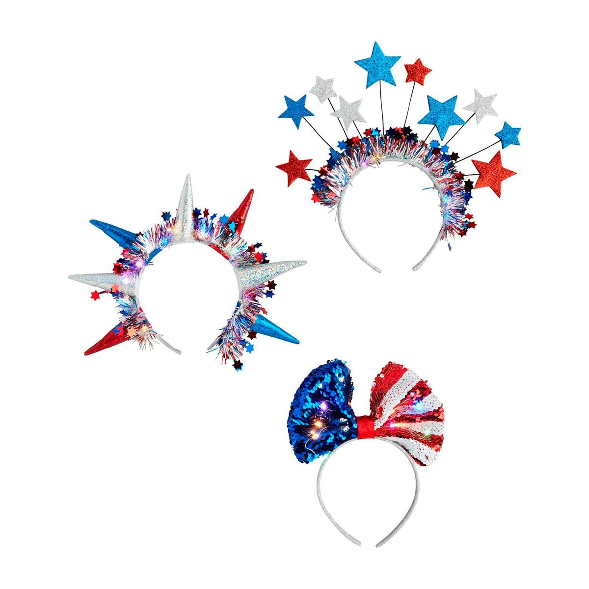 Light-up patriotic headband with tinsel trim and sequin detail.