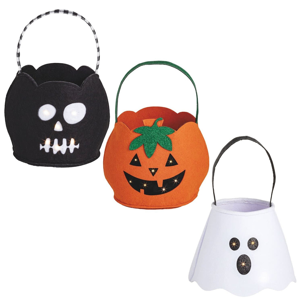 Felt trick-or-treat bucket with LED face projection casting a glowing spooky silhouette on the ground.