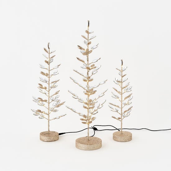 Metal lighted tree with jeweled accents and LED lights in silver finish.