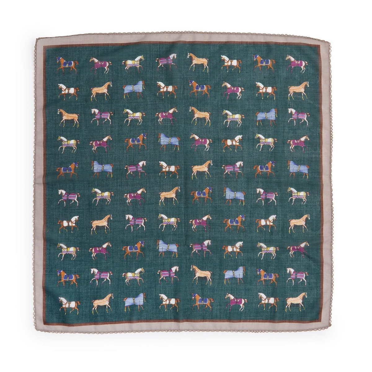 Dark green square scarf featuring a grid pattern of colorful horses and a delicate lace trim.