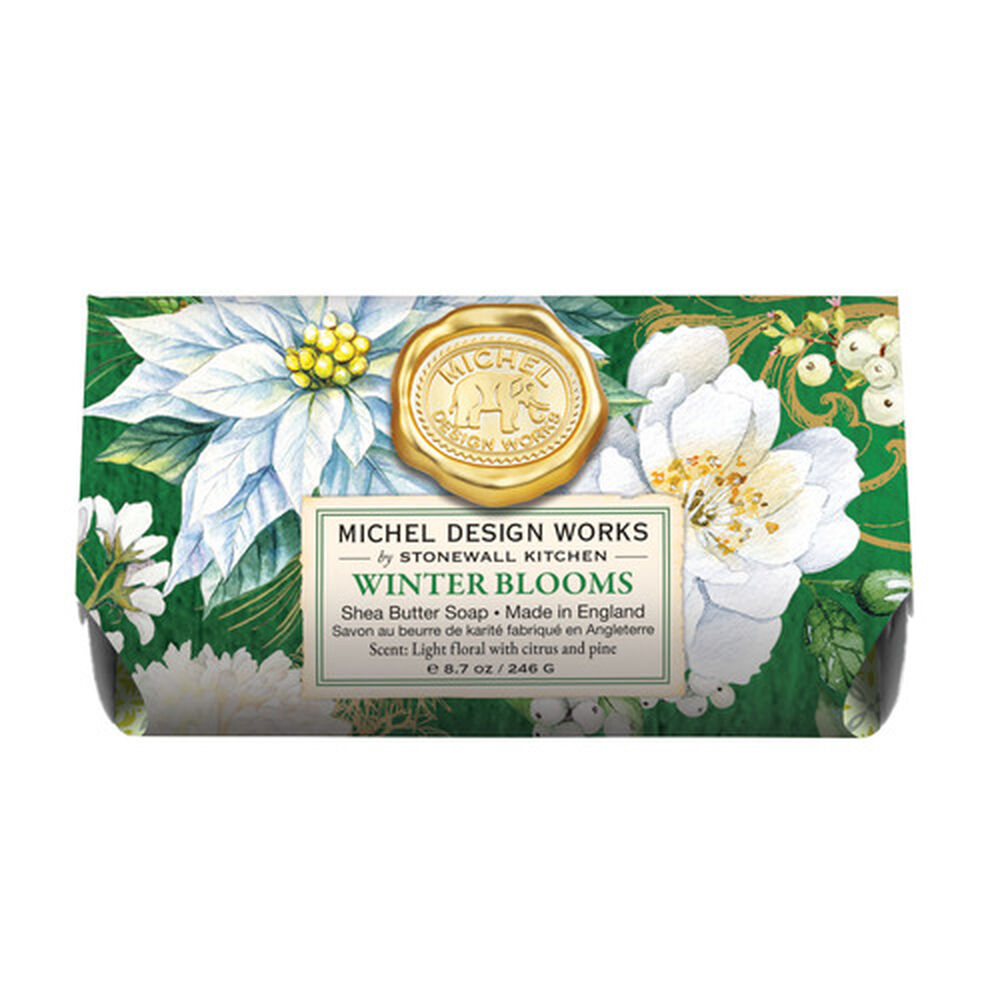 Michel Design Works Winter Blooms shea butter soap bar with floral print on a green background.