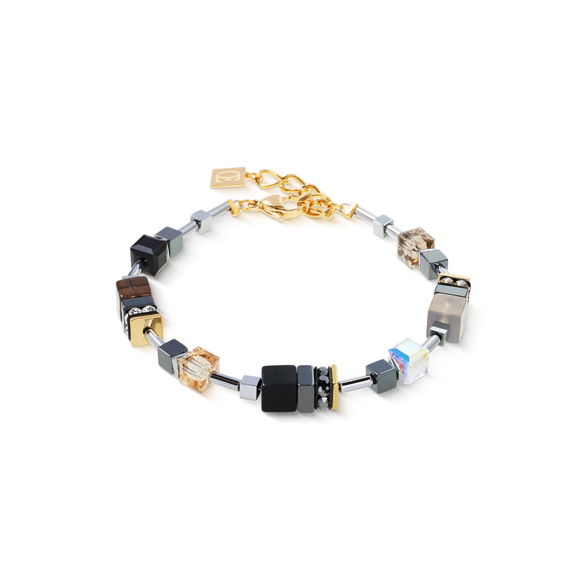 GeoCUBE Precious Motion bracelet with onyx, smoky quartz, and gold stainless steel cube beads.