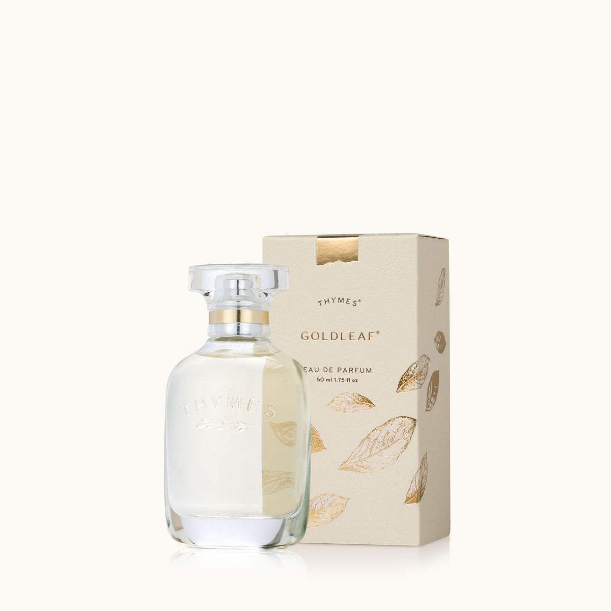 Thymes Goldleaf Eau de Parfum 1.75 fl oz bottle and decorative cream and gold box.