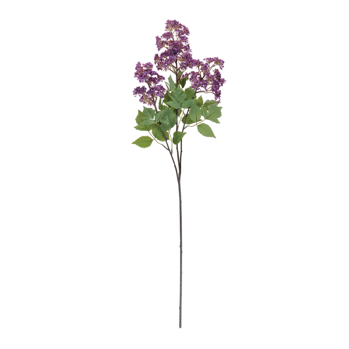 A 35-inch artificial lilac spray with purple polyester flowers and green leaves on a long stem.