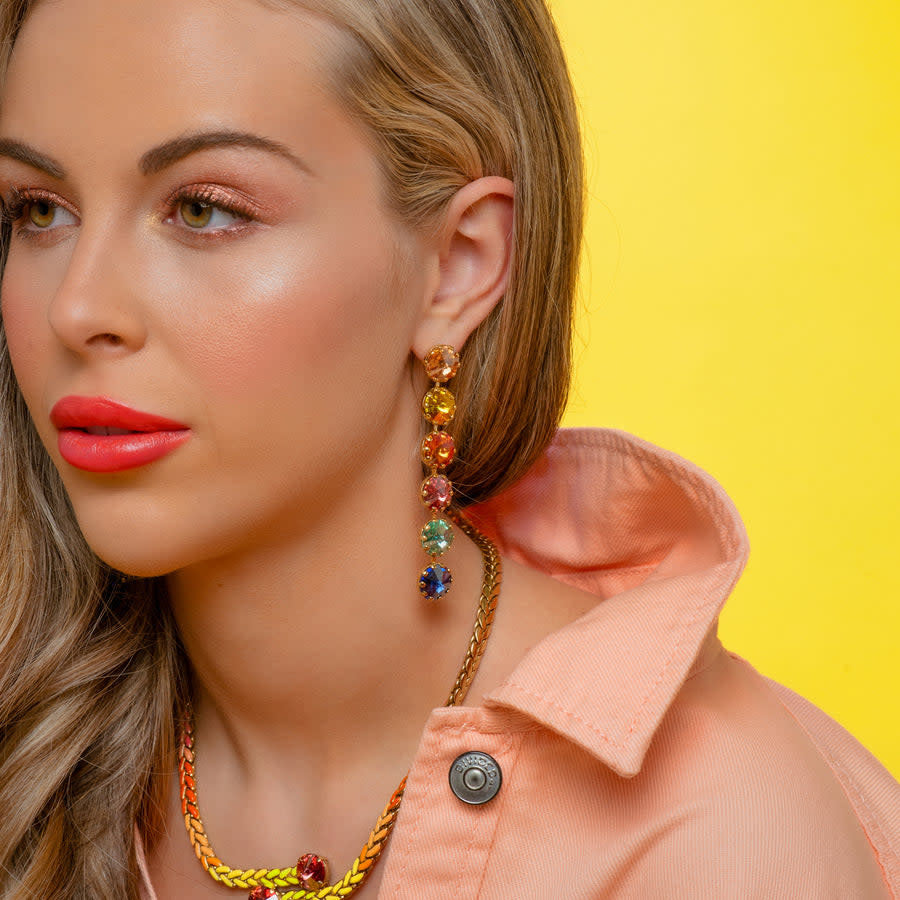 Single Lilibet earring with watermelon mix colored stones on antique gold plated surgical steel post