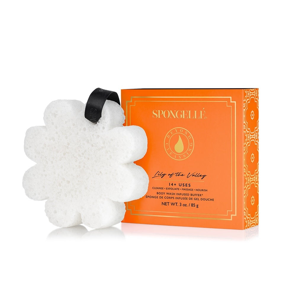 Boxed Flower bath sponge with built-in wash in a white box featuring a lily-of-the-valley ribbon design.